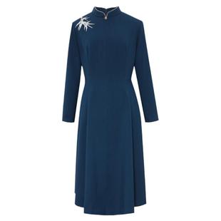 【东方感刺绣连衣裙】粉蓝衣橱2025冬装新款竹叶绣花改良式旗袍裙