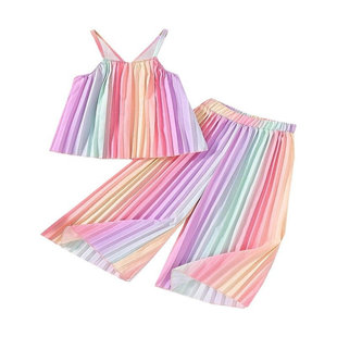 外贸童装夏季女童彩虹吊带衫新款百褶裤子2025甜美小清新两件套