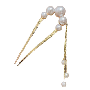 新中式u型发簪丸子头盘发神器流苏簪子仿珍珠气质发钗后脑勺头饰