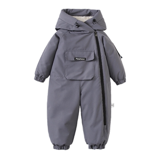 三层复合连帽加绒加厚滑雪服儿童连体衣外出服工作服2025冬季新款