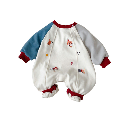 2025秋季新款男宝宝可爱休闲连体衣婴幼儿卡通刺绣小狗拼色爬服