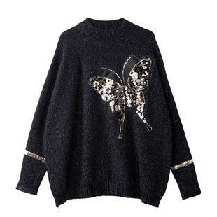 宝诗黎2026年新款春季半高领慵懒毛衣女长袖时尚宽松亮片针织衫