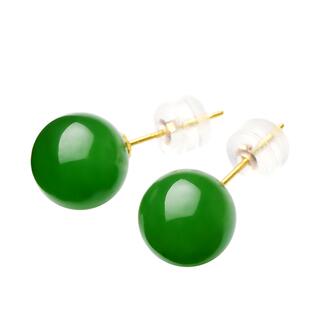 念玉天然和田玉耳钉18K金镶玉女款碧玉耳饰黄金白玉石圆珠子耳坠