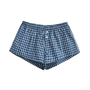 BM宽松蓝格子低腰短裤女夏季外穿显瘦松紧腰a字休闲居家阔腿热裤