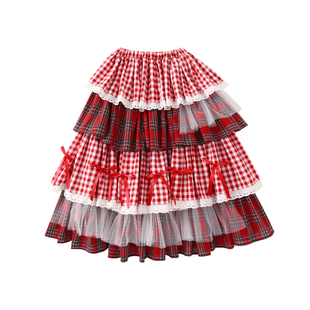 MEME原创蛋糕裙日系昭和复古改良和服裙子  可爱红格子小众半身裙