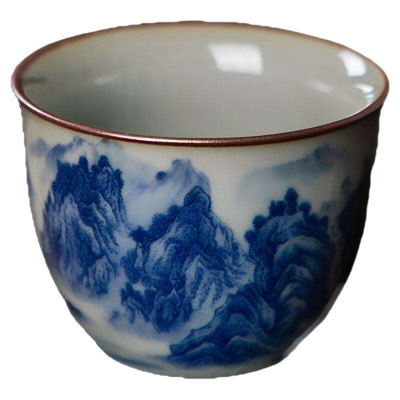 景德镇陶瓷青花老陶泥小岩茶杯小缸杯千里江山图瓷杯功夫茶具茶盏
