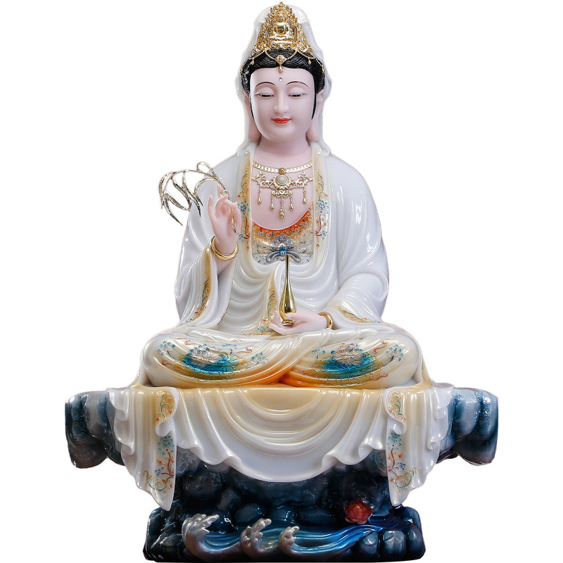 汉白玉彩绘坐岩自在观音菩萨佛像