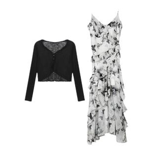 安妮不火 碎花蝴蝶吊带长裙子女收腰2024早春新款微胖显瘦连衣裙