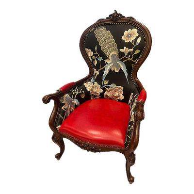 孔雀印花真皮美式单人沙发椅子