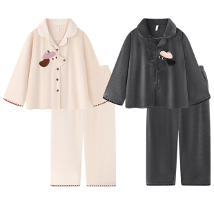 可爱卡通珊瑚绒睡衣情侣装一男一女秋冬季天加绒加厚海岛绒家居服