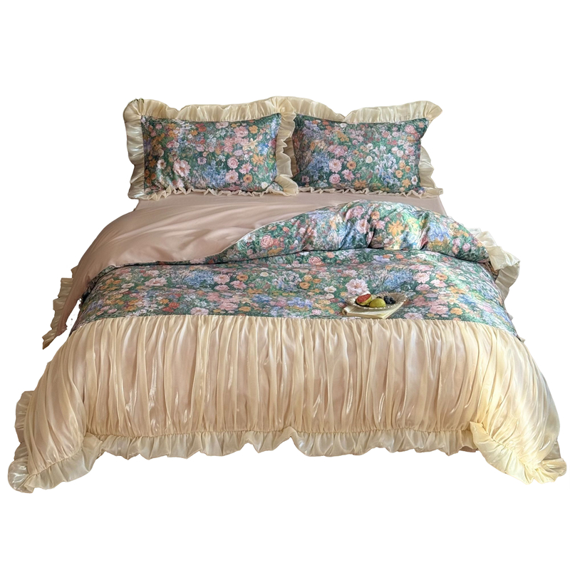 法式复古全棉贡缎长绒棉四件套纯棉油画风琉璃纱花边被套床单床品