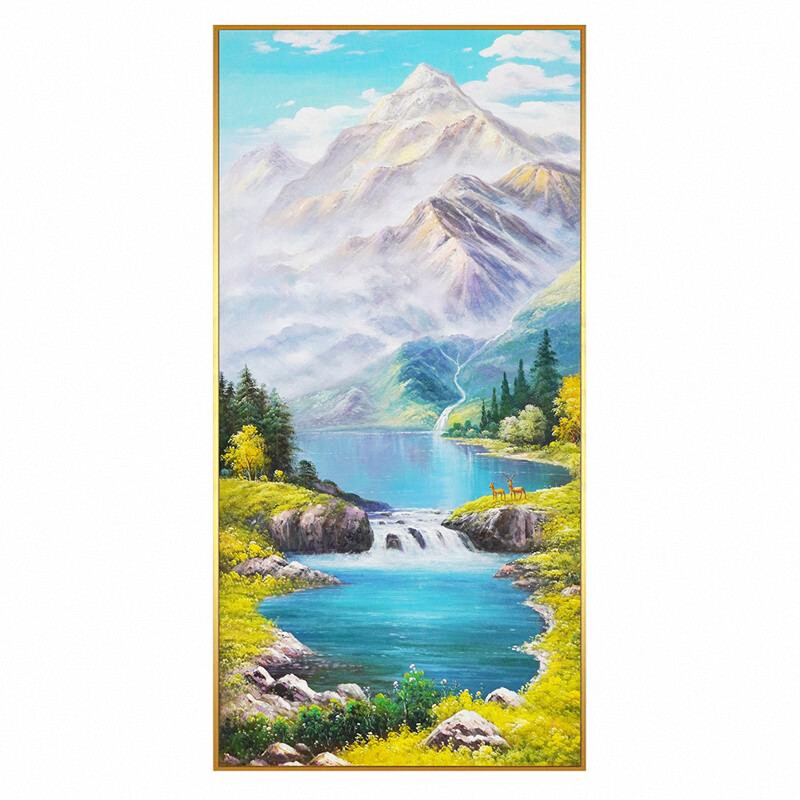 纯手绘玄关雪山风景油画山水画客厅沙发背景壁画挂画聚宝盆装饰画