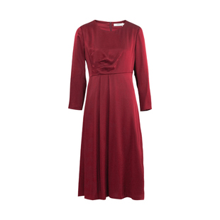 HONRN/红人秋冬红色圆领长袖收腰显瘦中长款连衣裙女HI55OL195