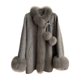绒绒奶球！可爱风全羊毛双面呢羊绒大衣狐狸毛领皮草毛呢外套女冬