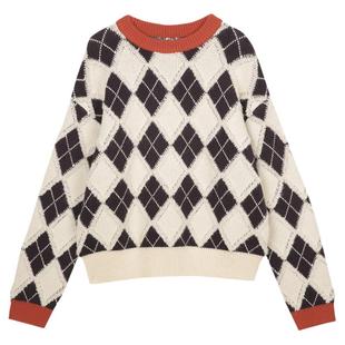 云上生活 撞色菱形格亲肤保暖圆领毛衣女秋冬新品百搭针织衫
