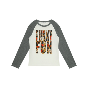 FUNKYFUN 复古街头豹纹品牌LOGO直喷印花撞色插肩袖长袖圆领T恤