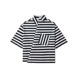 IT JACQUEMUS男装斜门襟短袖衬衫新款时尚个性宽松条纹上衣981140