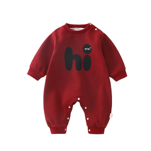 男宝宝连体衣冬装新款婴儿加绒衣服幼儿外出服红色喜庆拜年爬服厚