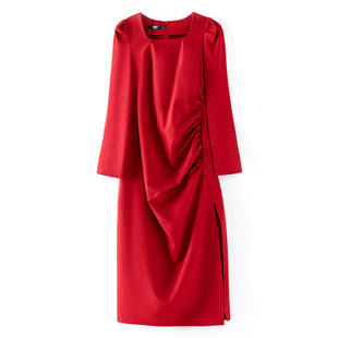 红色连衣裙春装2025新款高端遮肚子减龄优雅高级感长裙子修身气质