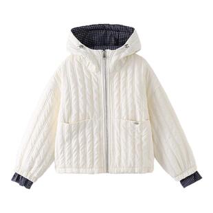 拉夏贝尔女童轻薄款棉服2025冬季新款格子拼接夹棉儿童连帽外套潮