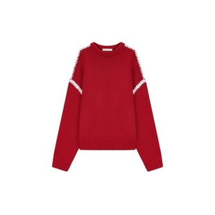 CONCISE-WHITE简白2025新款撞色刺绣新年红毛衣针织外套上衣