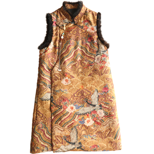 云澍原创 2025新款提花交织香云纱夹棉背心连衣裙 水貂毛棉衣女冬