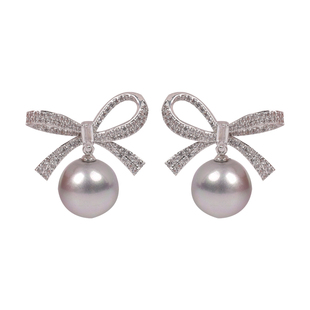 蝴蝶结灰色大珍珠耳环法式复古耳钉轻奢高级感时尚气质秋冬耳饰女
