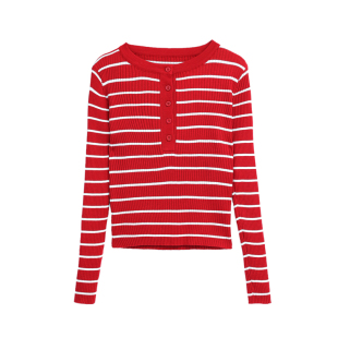 长袖薄款条纹针织衫女秋季小个子气质短款上衣修身内搭毛衣打底衫