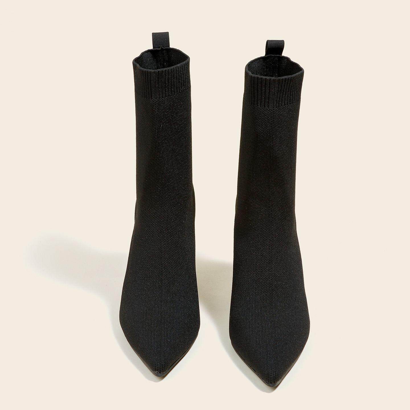 法式粗跟显瘦跟瘦瘦靴2025秋冬新款舒适百搭针织尖头袜靴弹力靴