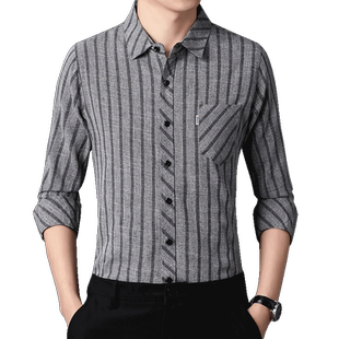 秋冬男款长袖衬衫男士加绒棉麻格子衬衣爸爸装真口袋条纹保暖上衣