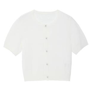 IAmMIX27夏季亚麻针织衫女短袖简约轻薄透气提花白色圆领开衫上衣