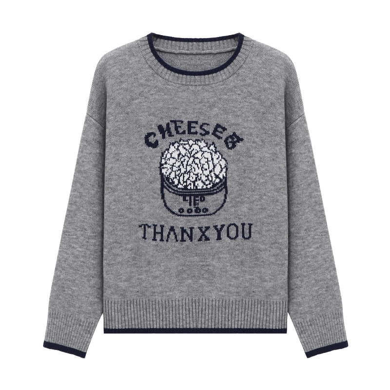 Basic House/百家好美式复古风字母刺绣毛衣撞色圆领套头宽松上衣