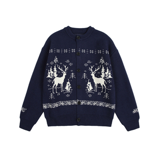 男道美式复古1000g费尔岛开衫圆领提花毛衣男2025秋冬情侣针织衫