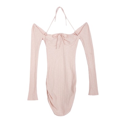 包臀纯色系带挂脖褶皱