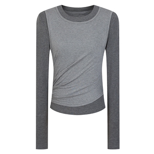 none 新款假两件长袖t恤女灰色莱赛尔纤维混纺桑蚕丝气质上衣