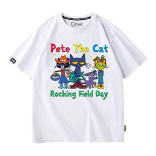 Pete the Cat皮特猫摇滚夏季青少年学生儿童纯棉短袖T恤衣服定制
