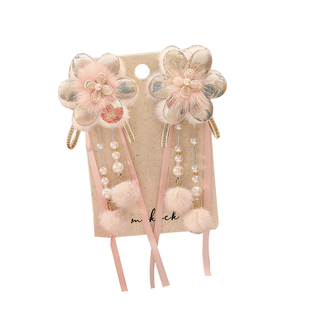 新年汉服头饰女童粉色蝴蝶结飘带发卡女孩过年流苏古风对边夹发饰