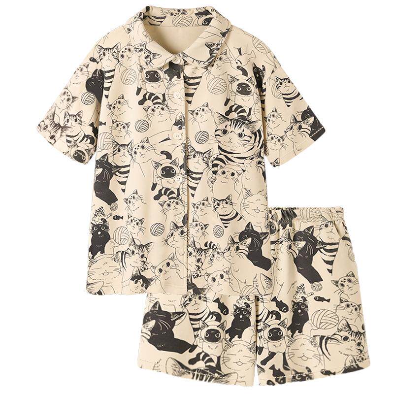 【设计师款】睡衣女夏季纯棉短袖短裤猫咪春夏天2022年新款套装