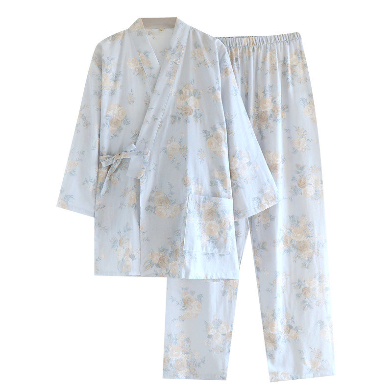 双层纯棉纱布女士春秋睡衣古风蔷薇花系带和服印花长袖长裤家居服