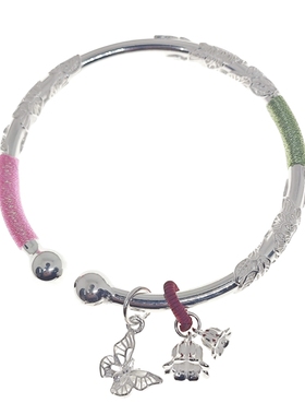 足银9999繁花蝴蝶铃兰花银手镯女