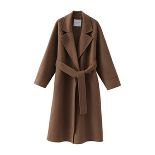 popchrio◆高支羊毛西装领双面呢大衣宽松系带呢子中长款外套女冬