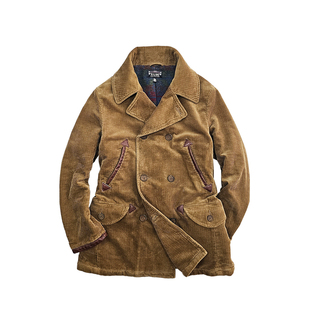 西里布美式复古灯芯绒双排扣西服大衣男款中长款条绒外套男非rrl