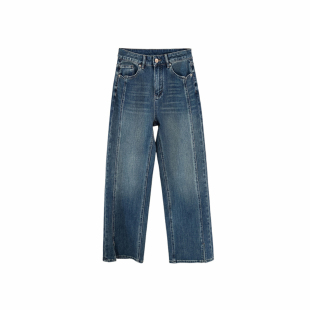 大长腿既视感!!四面弹窄版直筒牛仔裤女春新款开叉宽松阔腿长裤