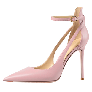 2025年夏季新款一字带罗马包头凉鞋女细跟粉色镂空绑带尖头高跟鞋