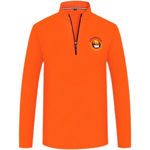 秋冬季男士长袖T恤立领polo衫 高档纯棉半高领拉链上衣服橙色橘色