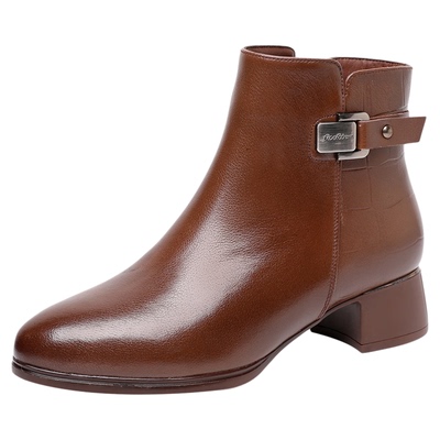 真皮软底妈妈短靴女粗跟舒适秋冬季加绒棉鞋皮鞋中年防滑大码靴子