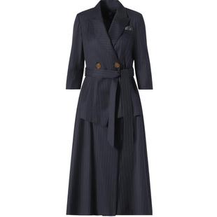 IDPAN品牌专柜女装高端修身通勤职场条纹西装领中长款中袖连衣裙