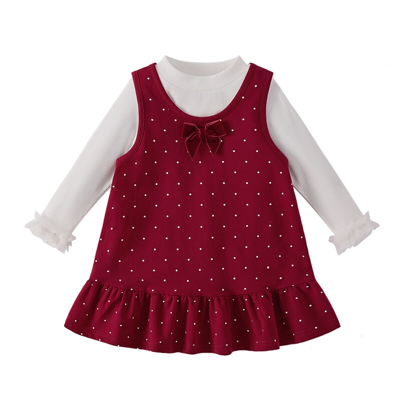 儿童裙子套装女童波点背心裙两件套秋冬保暖衣服宝宝红色童装女孩