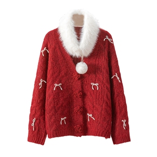 她池V领针织衫2026春装新款女装喜庆氛围感宽松款单排扣长袖上衣