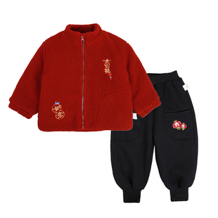 儿童拜冬年服男童过年服红色唐装女童新年衣服加绒加厚宝宝年衣冬